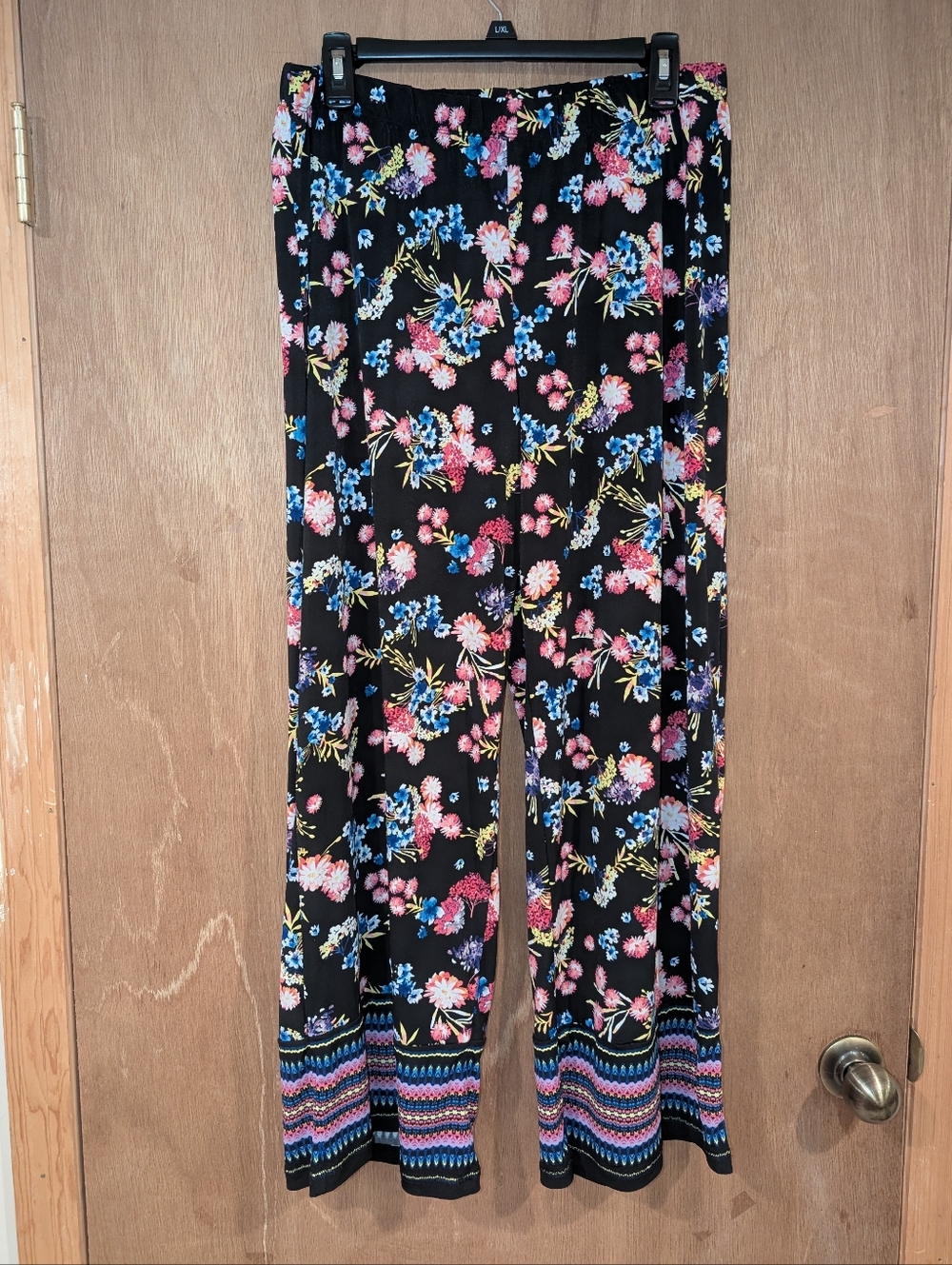 East 5th Black Floral Wide-Leg Pants with Pink & Blue Accents